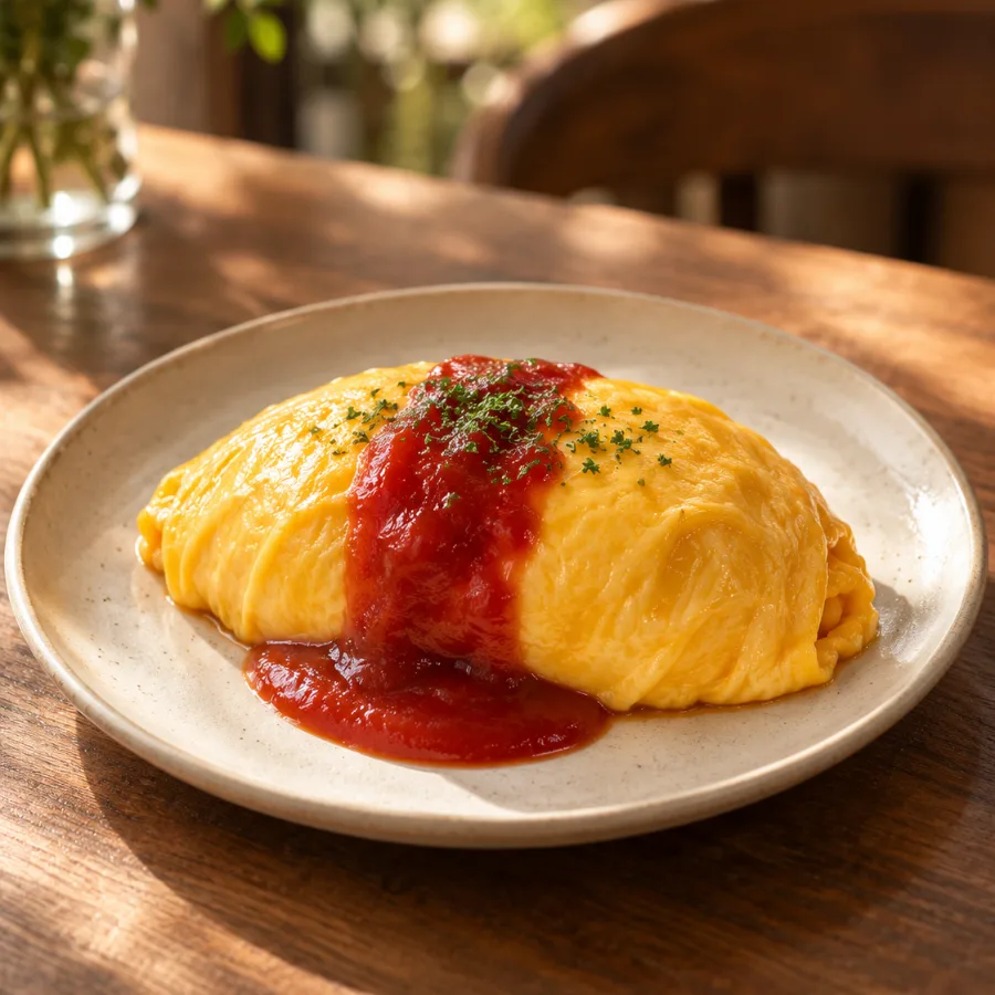 ケチャップをかけたふんわり卵のオムライス